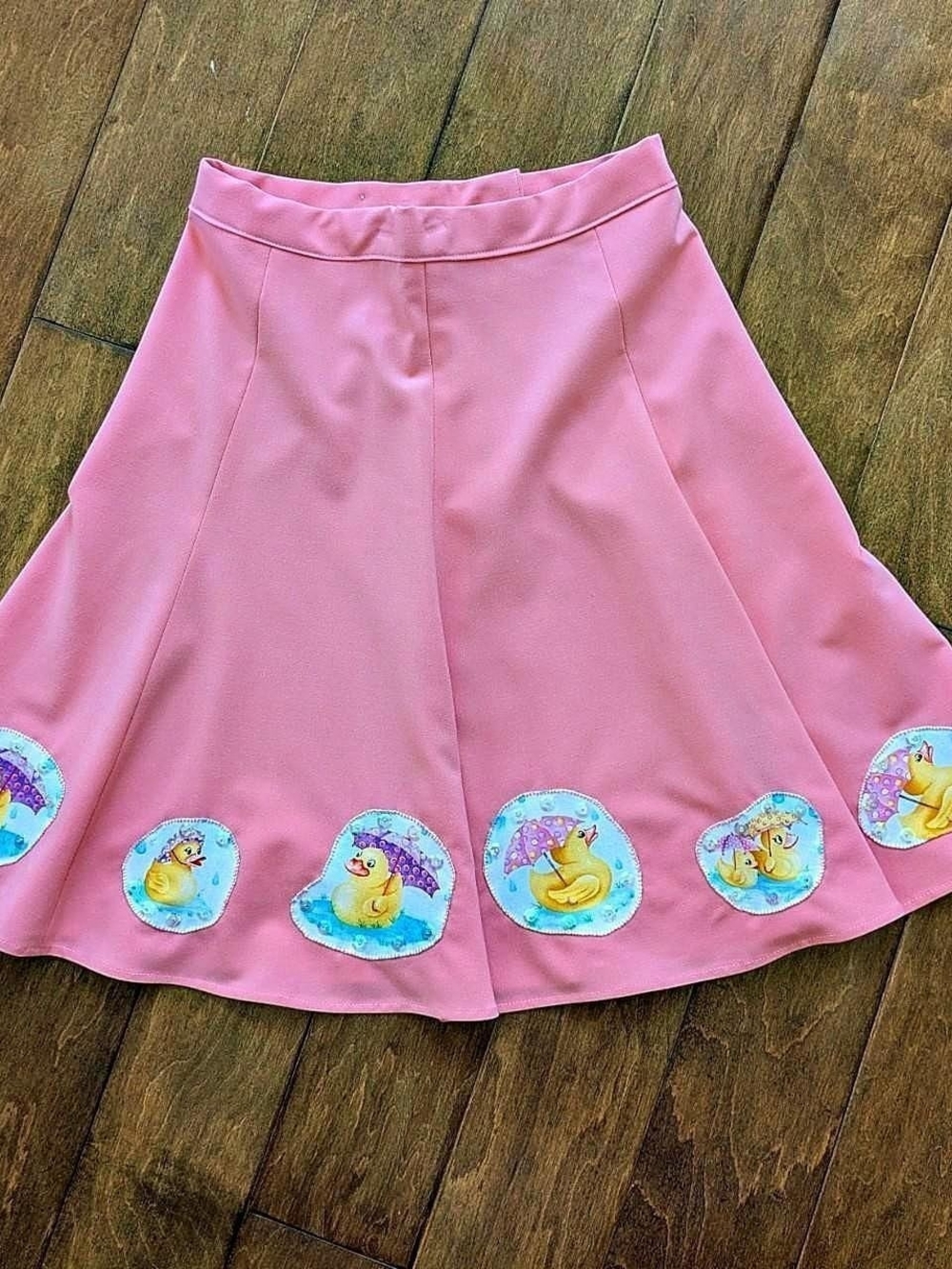 Vintage Pink A-Line Skirt with Duckling Appliqués
